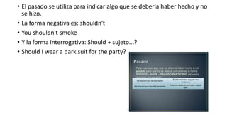 • El pasado se utiliza para indicar algo que se debería haber hecho y no
se hizo.
• La forma negativa es: shouldn't
• You shouldn't smoke
• Y la forma interrogativa: Should + sujeto...?
• Should I wear a dark suit for the party?
 