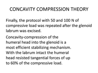 CONCAVITY COMPRESSION THEORY
Finally, the protocol with 50 and 100 N of
compressive load was repeated after the glenoid
labrum was excised.
Concavity-compression of the
humeral head into the glenoid is a
most efficient stabilizing mechanism.
With the labrum intact the humeral
head resisted tangential forces of up
to 60% of the compressive load.
 