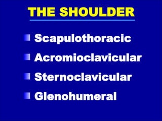 THE SHOULDER
Scapulothoracic
Acromioclavicular
Sternoclavicular
Glenohumeral
 