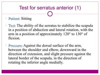 Test for serratus anterior (1) Patient:  Sitting Test:  The ability of the serratus to stabilize the scapula in a position of abduction and lateral rotation, with the arm in a position of approximately 120° to 130° of flexion.  Pressure:  Against the dorsal surface of the arm, between the shoulder and elbow, downward in the direction of extension, and slight pressure against the lateral border of the scapula, in the direction of rotating the inferior angle medially. 