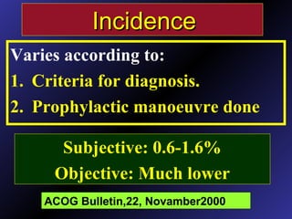 IncidenceIncidence
Varies according to:
1. Criteria for diagnosis.
2. Prophylactic manoeuvre done
Subjective: 0.6-1.6%
Objective: Much lower
ACOG Bulletin,22, Novamber2000
 