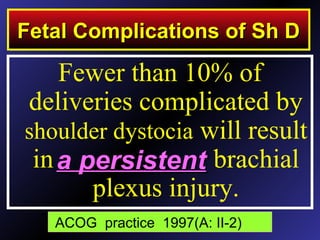 Fewer than 10% of
deliveries complicated by
shoulder dystocia will result
in brachial
plexus injury.
ACOG practice 1997(A: II-2)
Fetal Complications of Sh DFetal Complications of Sh D
a persistenta persistent
 