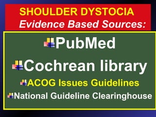 SHOULDER DYSTOCIA
Evidence Based Sources:
PubMed
Cochrean library
ACOG Issues Guidelines
National Guideline Clearinghouse
 