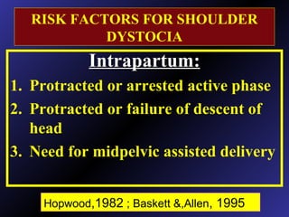 RISK FACTORS FOR SHOULDER
DYSTOCIA
Intrapartum:Intrapartum:
1. Protracted or arrested active phase
2. Protracted or failure of descent of
head
3. Need for midpelvic assisted delivery
Hopwood,1982 ; Baskett &,Allen, 1995
 