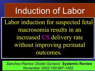 Labor induction for suspected fetal
macrosomia results in an
increased CS delivery rate
without improving perinatal
outcomes.
.
Sanchez-Ramos Obstet Gynecol Systemic Review
November 2002:100:997-1002
Induction of Labor
 
