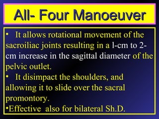 • It allows rotational movement of the
sacroiliac joints resulting in a l-cm to 2-
cm increase in the sagittal diameter of the
pelvic outlet.
• It disimpact the shoulders, and
allowing it to slide over the sacral
promontory.
•Effective also for bilateral Sh.D.
All- Four ManoeuverAll- Four Manoeuver
 