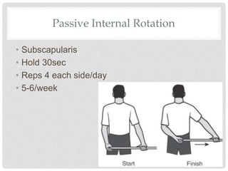 Passive Internal Rotation
• Subscapularis
• Hold 30sec
• Reps 4 each side/day
• 5-6/week
 