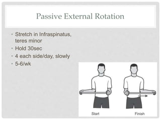 Passive External Rotation
• Stretch in Infraspinatus,
teres minor
• Hold 30sec
• 4 each side/day, slowly
• 5-6/wk
 