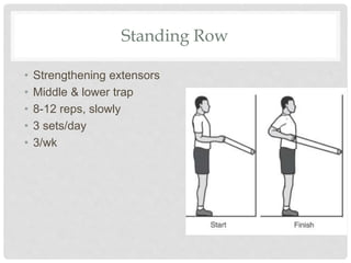 Standing Row
• Strengthening extensors
• Middle & lower trap
• 8-12 reps, slowly
• 3 sets/day
• 3/wk
 