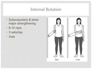 Internal Rotation
• Subscapularis & teres
major strengthening
• 8-10 reps
• 3 sets/day
• 3/wk
 