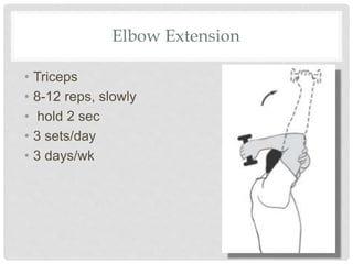 Elbow Extension
• Triceps
• 8-12 reps, slowly
• hold 2 sec
• 3 sets/day
• 3 days/wk
 