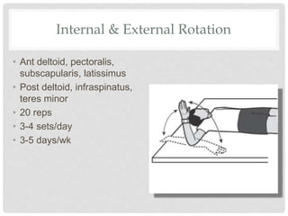 Internal & External Rotation
• Ant deltoid, pectoralis,
subscapularis, latissimus
• Post deltoid, infraspinatus,
teres minor
• 20 reps
• 3-4 sets/day
• 3-5 days/wk
 
