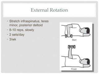 External Rotation
• Stretch infraspinatus, teres
minor, posterior deltoid
• 8-10 reps, slowly
• 2 sets/day
• 3/wk
 