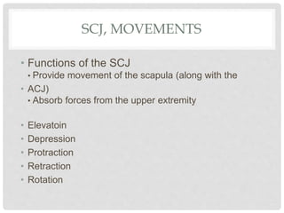 SCJ, MOVEMENTS
• Functions of the SCJ
• Provide movement of the scapula (along with the
• ACJ)
• Absorb forces from the upper extremity
• Elevatoin
• Depression
• Protraction
• Retraction
• Rotation
 