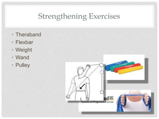Strengthening Exercises
• Theraband
• Flexbar
• Weight
• Wand
• Pulley
 