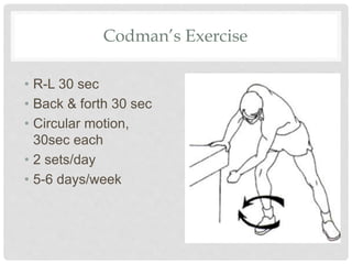 Codman’s Exercise
• R-L 30 sec
• Back & forth 30 sec
• Circular motion,
30sec each
• 2 sets/day
• 5-6 days/week
 