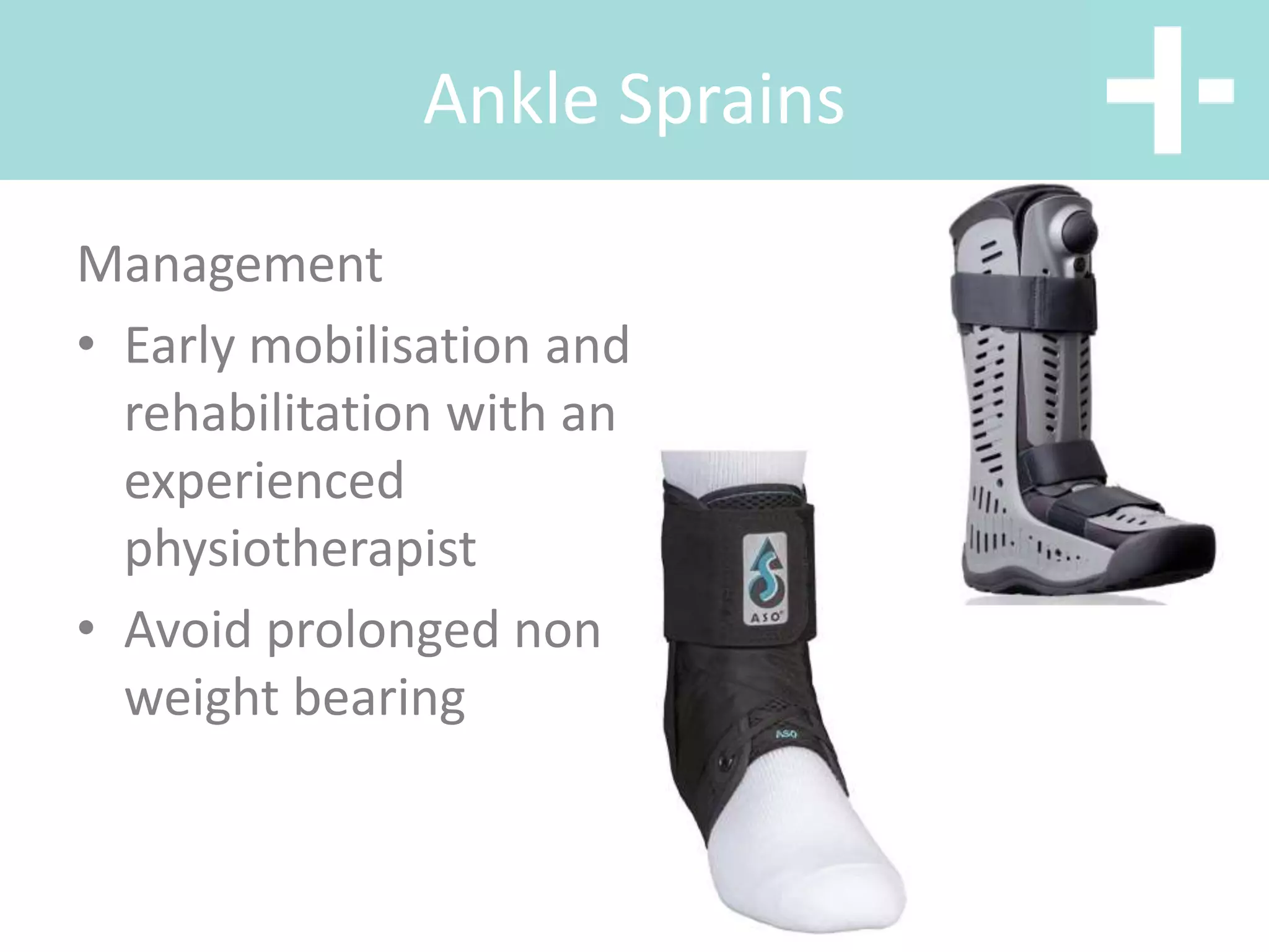 Ankle Sprains
Management
• Early mobilisation and
rehabilitation with an
experienced
physiotherapist
• Avoid prolonged non
weight bearing
 