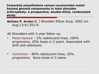 Cemented polyethylene versus uncemented metal-
backed glenoid components in total shoulder
arthroplasty: a prospective, double-blind, randomized
study.
Boileau P, Avidor C, J Shoulder Elbow Surg. 2002 Jul-
Aug;11(4):351-9.
40 Shoulders with 3 year follow up.
 Metal-backed – 2% radiolucent lines, 100%
progressive, 25% loose in 3 years. Associated with
shift and osteolysis.
 Cemented – 80% radiolucent lines, 25%
progressive. None loose in 3 years.
 