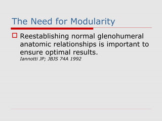 The Need for Modularity
 Reestablishing normal glenohumeral
anatomic relationships is important to
ensure optimal results.
Iannotti JP; JBJS 74A 1992
 