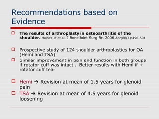 Recommendations based on
Evidence
 The results of arthroplasty in osteoarthritis of the
shoulder. Haines JF et al. J Bone Joint Surg Br. 2006 Apr;88(4):496-501
 Prospective study of 124 shoulder arthroplasties for OA
(Hemi and TSA)
 Similar improvement in pain and function in both groups
if rotator cuff was intact . Better results with Hemi if +
rotator cuff tear
 Hemi  Revision at mean of 1.5 years for glenoid
pain
 TSA  Revision at mean of 4.5 years for glenoid
loosening
 
