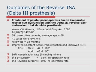 Outcomes of the Reverse TSA
(Delta III prosthesis)
 Treatment of painful pseudoparesis due to irreparable
rotator cuff dysfunction with the Delta III reverse-ball-
and-socket total shoulder prosthesis.
Werner CM, Glbart M, J Bone Joint Surg Am. 2005
Jul;87(7):1476-86.
 58 consecutive patients, average age = 68
 41 cases were revisions
 Follow up = 38 months
 Improved Constant Score, Pain reduction and improved ROM.
ROM: Flex: 42  100°
Abd: 43  90°
 50% complication rate (including minor)
 If a 1° surgery = 18% re-operation rate
 If a Revision surgery= 39% re-operation rate
 