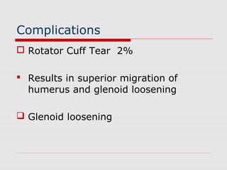 Complications
 Rotator Cuff Tear 2%
 Results in superior migration of
humerus and glenoid loosening
 Glenoid loosening
 