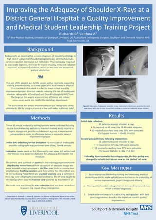 Improving the Adequacy of Shoulder X-Rays at a
District General Hospital: a Quality Improvement
and Medical Student Leadership Training Project
Richards B1, Saithna A2
15th Year Medical Student, University of Liverpool, Liverpool, UK. 2Consultant Orthopaedic Surgeon, Southport and Ormskirk Hospital NHS
Trust, Merseyside, UK
Background
Methods
Key Messages
Radiographs are essential for accurate diagnosis of shoulder pathology. A
high rate of suboptimal shoulder radiographs was identified during a
service evaluation exercise at our institution. This inadequacy may lead
to inaccurate diagnosis, the need for repeat imaging, increased radiation
exposure, an increased workload, delays in the clinic and decreased
patient satisfaction
AIM
The aim of this project was for the senior author to provide leadership
training and mentorship to a SAMP (Specialist Attachment in Medical
Practice) medical student in order for them to lead a quality
improvement project directed towards reducing the rate of inadequate
shoulder radiographs at Southport and Ormskirk Hospitals NHS Trust.
The target of this was to improve clinic efficiency and reduce
unnecessary work and cost for the radiology department.
The quantitative aim was to improve adequacy of radiographs of the
shoulder to 64% to bring our service in line with other published data1.
Three 30 minute leadership training sessions were conducted focusing
on the basic leadership skills that a medical student would require to
inspire, engage and gain the confidence of a group of experienced
radiographers in order to effectively deliver a successful service
improvement project.
Initial data collection/service evaluation to assess rate of inadequate
shoulder radiographs was performed over three, 2 week periods.
Evaluation criteria were set for 3 frequently used views, AP, axillary and
the Velpeau view based on standards for adequacy described in the
literature.
The criteria were outlined on posters in the radiology department with
step-by step instructions on how to capture an adequate image and
were provided to radiographers as PDF files they could access via their
smartphones. Teaching sessions were held where this information was
re-iterated using PowerPoint and practical sessions using a skeleton in
the x-ray suite to highlight anatomical landmarks. The AP view taught to
the radiographers was the Fulcrum view outlined by Braunstein et al1.
The audit cycle was closed by data collection that was then carried out
to assess the impact of our intervention.
1. With appropriate leadership training and mentoring, medical
students are able to make valuable contributions in the leadership of
service improvement, project design and delivery.
2. Poor quality shoulder radiographs cost time and money and may
result in missed diagnoses.
3. Simple interventions such as educating radiographers with best
practice guidelines based on the literature result in quality
improvement.
Figure 1: Examples of adequate shoulder x-rays. Evaluation criteria were provided for each
view along with step-by-step instructions on how to ensure an adequate image is taken.
Initial data collection:
36 patients required shoulder x-rays.
 36 required an AP view, only 19.4% were adequate.
 20 required an axillary view, only 60% were adequate.
Chi-Square Statistic: 23.8661. P <0.01
Second data collection, following intervention:
15 patients required shoulder x-rays.
 15 required an AP view, 93% were adequate.
 13 required an axillary view, 92% were adequate.
Chi-Square Statistic: 4.1462. P=0.042
Following discussion with the radiographers, the trust policy was
changed to include the Fulcrum view as the ‘default’ AP view.
Results
1. Braunstein V, Kirchhoff C, Ockert B, Sprecher CM, Korner M, Mutschler W, et al. Use of the
fulcrum axis improves the accuracy of true anteroposterior radiographs of the shoulder. J Bone
Joint Surg Br. 2009;91-B:1049-53
 