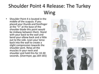 Shoulder Point 4 Release: The Turkey
                 Wing
• Shoulder Point 4 is located in the
  middle of the scapula. If you
  placed your thumb and forefinger
  at the “V” at the base of the
  shoulder blade this point would
  be midway between them. Stand
  with your back to the wall and
  bend your elbow back and a little
  out to the side. Lean your torso
  back into the wall to create a
  slight compression towards the
  shoulder joint. Relax all the
  muscles in your neck and
  shoulder and hold this for 10-30
  seconds. (Overmyer, pp.164-165)
 