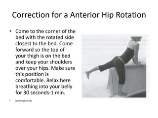 Correction for a Anterior Hip Rotation
• Come to the corner of the
  bed with the rotated side
  closest to the bed. Come
  forward so the top of
  your thigh is on the bed
  and keep your shoulders
  over your hips. Make sure
  this position is
  comfortable. Relax here
  breathing into your belly
  for 30 seconds-1 min.
•   (Overmyer p.39)
 