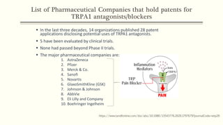 List of Pharmaceutical Companies that hold patents for
TRPA1 antagonists/blockers
▪ In the last three decades, 14 organizations published 28 patent
applications disclosing potential uses of TRPA1 antagonists.
▪ 5 have been evaluated by clinical trials.
▪ None had passed beyond Phase II trials.
▪ The major pharmaceutical companies are:
1. AstraZeneca
2. Pfizer
3. Merck & Co.
4. Sanofi
5. Novartis
6. GlaxoSmithKline (GSK)
7. Johnson & Johnson
8. AbbVie
9. Eli Lilly and Company
10. Boehringer Ingelheim
https://www.tandfonline.com/doi/abs/10.1080/13543776.2020.1797679?journalCode=ietp20
 