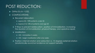 POST REDUCTION: 
 Ortho f/u in ~1/52. 
 COMPLICATIONS: 
 Recurrent dislocation: 
 approx 50 – 90% patients under 20 
 Approx 5 to 10% of patients over age 40 
 ? Ways to prevent redislocation: position of immobilization, increasing 
the duration of immobilization, physical therapy, and operative repair. 
 Mobilisation: 
 <30 – immobilise 3 weeks. 
 >30 – begin mobilisation after one week. 
 Position: internal rotation and adduction vs. 10 degrees external rotation 
(anatomically sound but evidence not support benefit). 
 