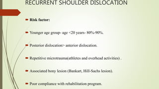 RECURRENT SHOULDER DISLOCATION
 Risk factor:
 Younger age group- age <20 years- 80%-90%.
 Posterior dislocation> anterior dislocation.
 Repetitive microtrauma(athletes and overhead activities) .
 Associated bony lesion (Bankart, Hill-Sachs lesion).
 Poor compliance with rehabilitation program.
 