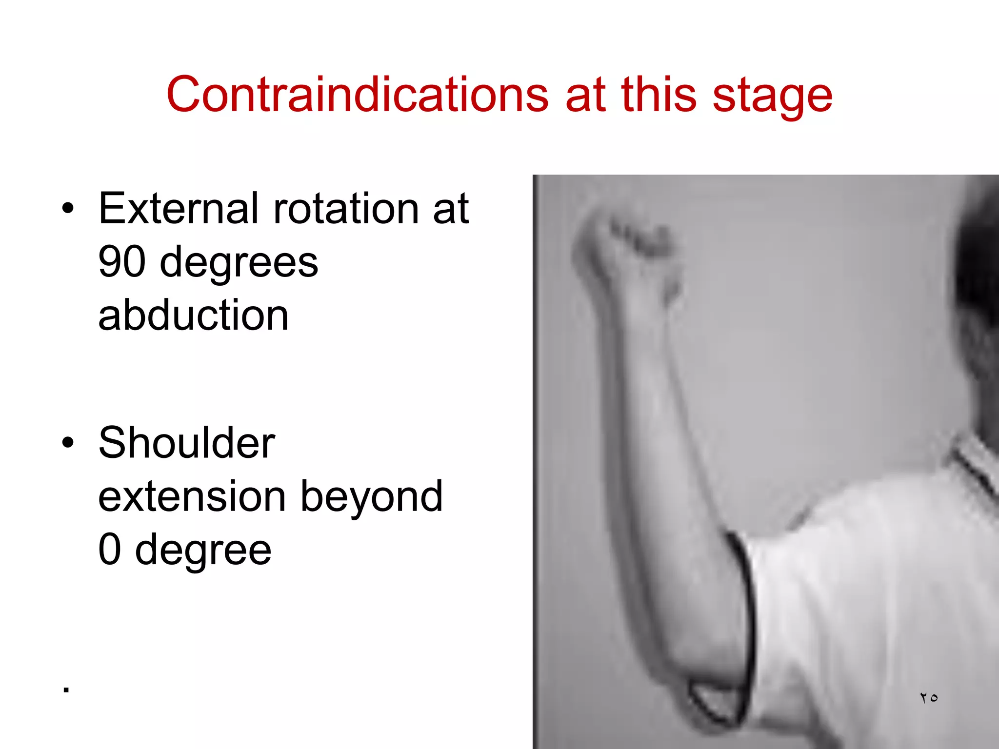 Contraindications at this stage
• External rotation at
90 degrees
abduction
• Shoulder
extension beyond
0 degree
. 25
 