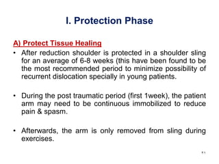 I. Protection Phase
A) Protect Tissue Healing
• After reduction shoulder is protected in a shoulder sling
for an average of 6-8 weeks (this have been found to be
the most recommended period to minimize possibility of
recurrent dislocation specially in young patients.
• During the post traumatic period (first 1week), the patient
arm may need to be continuous immobilized to reduce
pain & spasm.
• Afterwards, the arm is only removed from sling during
exercises.
21
 