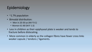Epidemiology
• ~1.7% population
• Bimodal distribution:
• Men in 20-30 yo (M:F 9:1)
• Women 61-80 (M:F 1:3)
• Less in children as their epiphyseal plate is weaker and tends to
fracture before dislocating.
• More common in elderly as the collagen fibres have fewer cross links
weaker capsule / tendons / ligaments.
 