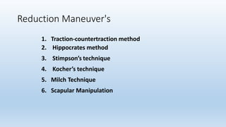 Reduction Maneuver's
1. Traction-countertraction method
2. Hippocrates method
3. Stimpson’s technique
4. Kocher’s technique
5. Milch Technique
6. Scapular Manipulation
 