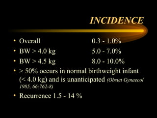 INCIDENCE Overall 0.3 - 1.0% BW > 4.0 kg 5.0 - 7.0% BW > 4.5 kg 8.0 - 10.0% > 50% occurs in normal birthweight infant (< 4.0 kg) and is unanticipated  (Obstet Gynaecol 1985, 66:762-8) Recurrence 1.5 - 14 % 