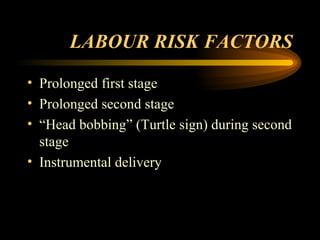 LABOUR RISK FACTORS Prolonged first stage Prolonged second stage “Head bobbing” (Turtle sign) during second stage Instrumental delivery 