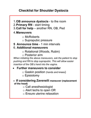 Checklist for Shoulder Dystocia
1.OB announce dystocia - to the room
2.Primary RN - start timing
3.Call for help – another RN, OB, Ped
4.Maneuvers
o McRoberts
o Suprapubic pressure
5 Announce time - 1 min intervals
6. Additional maneuvers
o Rotational (Woods, Rubin)
o Posterior arm
When initiating the above maneuvers, ask the patient to stop
pushing and RN to stop suprapubic. This will allow easier
insertion of the OB’s hand into the vagina.
• Further maneuvers to consider
o Gaskin position (hands and knees)
o Episiotomy
• If considering Zavenelli maneuver (replacement
of the head)
o Call anesthesiologist
o Alert techs to open OR
o Ensure uterine relaxation
 