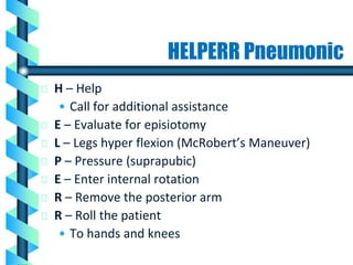 HELPERR Pneumonic
H – Help
• Call for additional assistance
E – Evaluate for episiotomy
L – Legs hyper flexion (McRobert’s Maneuver)
P – Pressure (suprapubic)
E – Enter internal rotation
R – Remove the posterior arm
R – Roll the patient
• To hands and knees
 