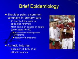 Brief Epidemiology
Shoulder pain: a common
complaint in primary care
– 2nd only to knee pain for
specialist referrals
– Most common causes in adults
(peak ages 40-60)
Subacromial impingement
syndrome
Rotator cuff problems

Athletic injuries
– Shoulder: 8-13% of all
athletic injuries

 