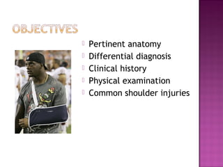    Pertinent anatomy
   Differential diagnosis
   Clinical history
   Physical examination
   Common shoulder injuries
 