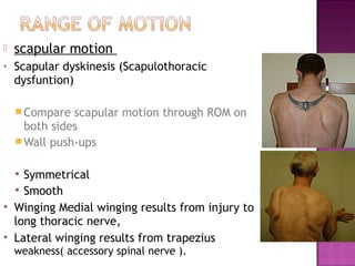    scapular motion
•   Scapular dyskinesis (Scapulothoracic
    dysfuntion)

     Compare  scapular motion through ROM on
      both sides
     Wall push-ups


     Symmetrical
     Smooth
   Winging Medial winging results from injury to
    long thoracic nerve,
   Lateral winging results from trapezius
    weakness( accessory spinal nerve ).
 