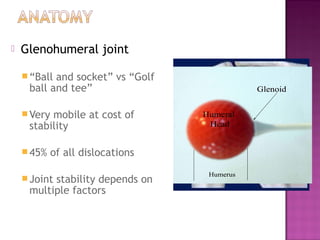    Glenohumeral joint

     “Balland socket” vs “Golf
     ball and tee”

     Verymobile at cost of
     stability

     45%    of all dislocations

     Joint
          stability depends on
     multiple factors
 