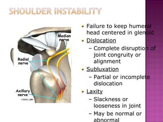 Failure to keep humeral
head centered in glenoid
Dislocation
 – Complete disruption of
   joint congruity or
   alignment
Subluxation
 – Partial or incomplete
   dislocation
Laxity
 – Slackness or
   looseness in joint
 – May be normal or
   abnormal
 