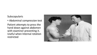 Subscapularis
• Abdominal compression test
Patient attempts to press the
hand down against abdomen
with examiner preventing it.
Useful when Internal rotation
restricted
 