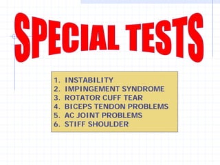1.   INSTABILITY
2.   IMPINGEMENT SYNDROME
3.   ROTATOR CUFF TEAR
4.   BICEPS TENDON PROBLEMS
5.   AC JOINT PROBLEMS
6.   STIFF SHOULDER
 