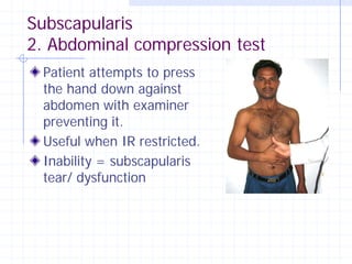 Subscapularis
2. Abdominal compression test
 Patient attempts to press
 the hand down against
 abdomen with examiner
 preventing it.
 Useful when IR restricted.
 Inability = subscapularis
 tear/ dysfunction
 