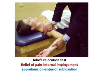 Jobe’s relocation test
Relief of pain-internal impingement
apprehension-anterior subluxation
 