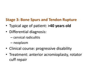 Stage 3: Bone Spurs and Tendon Rupture
• Typical age of patient: >40 years old
• Differential diagnosis:
– cervical radiculitis
– neoplasm
• Clinical course: progressive disability
• Treatment: anterior acromioplasty, rotator
cuff repair
 
